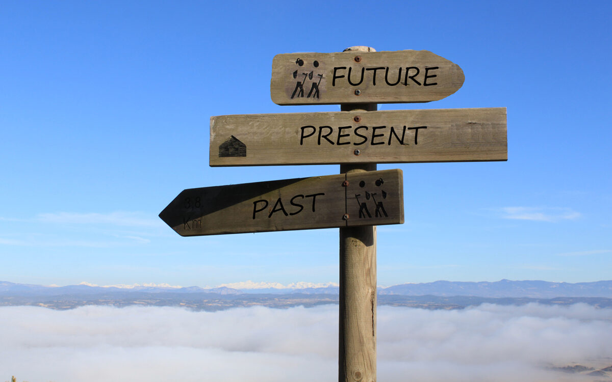 three signs indicating the way to future, present and past